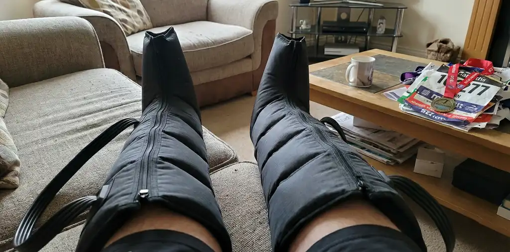 Pneumatic compression boots for recovery after marathon