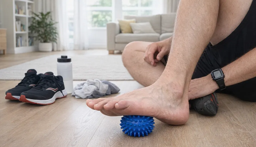 Runner using a massage ball under the foot arch after a run