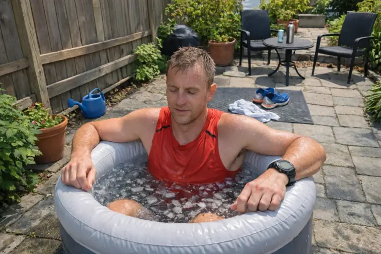 Runner using plunge recovery tub after a long run